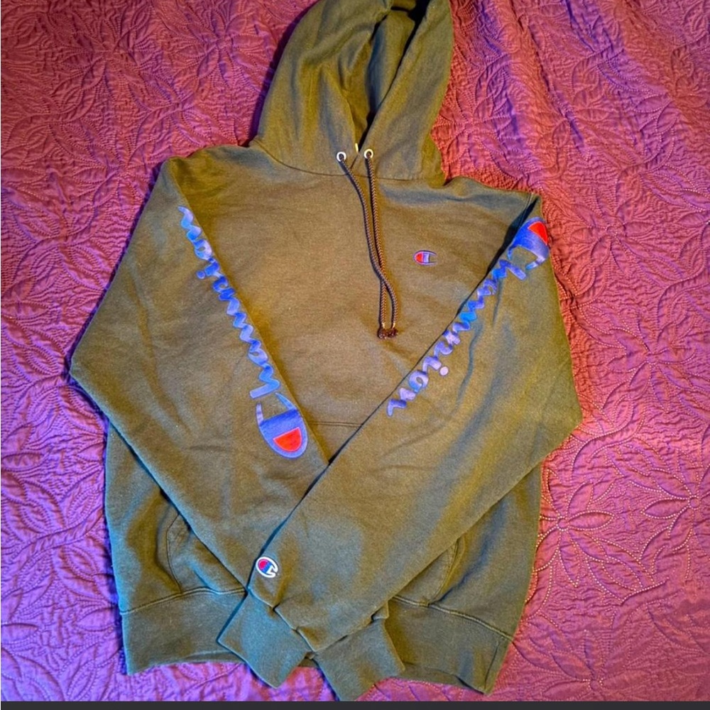 Champion Olive Green Crewneck Hoodie with Script Sleeves